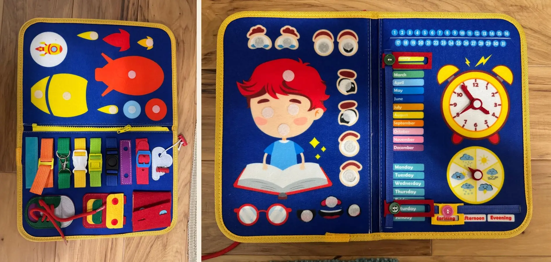 Two open felt busy books: one with buckles, zippers, laces, and velcro shapes, the other with a calendar, clock, and face pieces